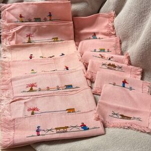 VTC Puerto Rico Pink Linen‎ Cocktail (6) and Lunch (7) Napkins Set Embroidered